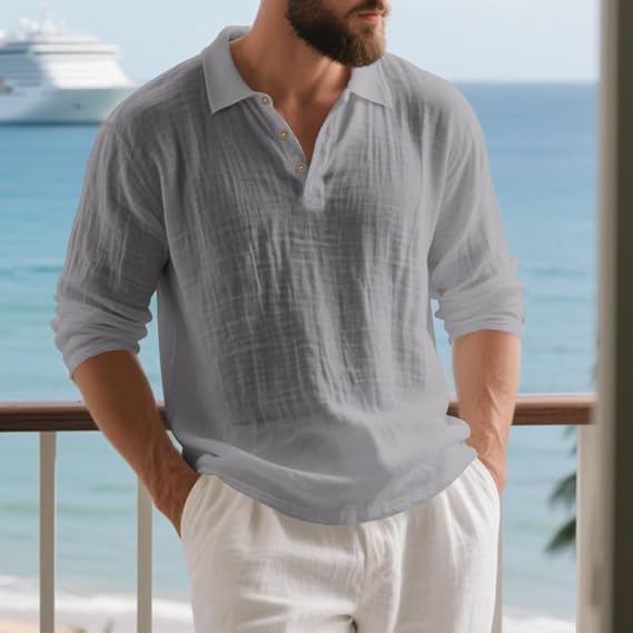 Men's linen long-sleeved lapel shirt
