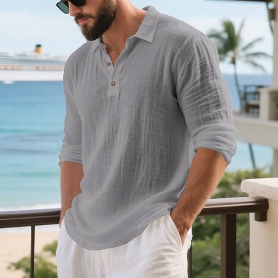 Men's linen long-sleeved lapel shirt